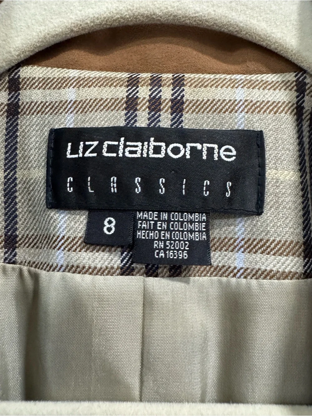 Liz Claiborne Vintage 100% Pure New Wool Plaid Blazer Suede Collar 8 Beige Brown